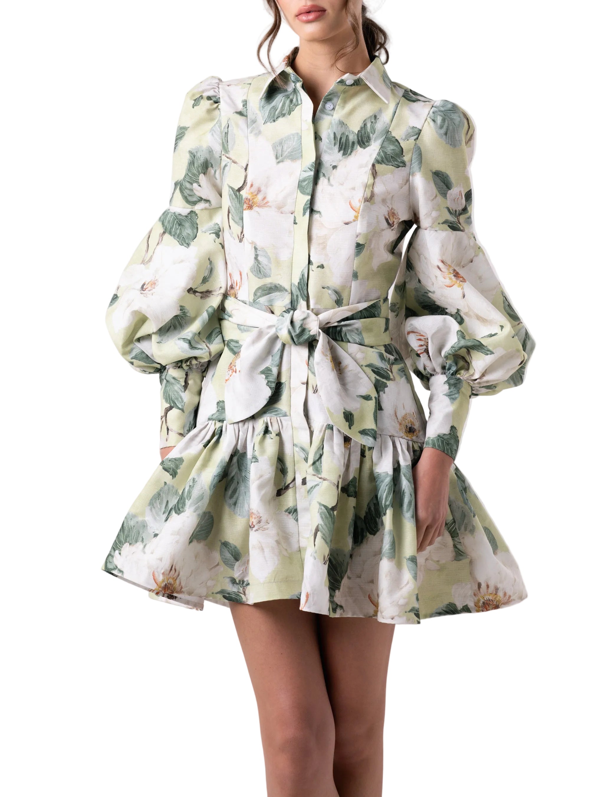 Dress that features a long puff sleeve, open collar, button down dress with circular gathered skirt.