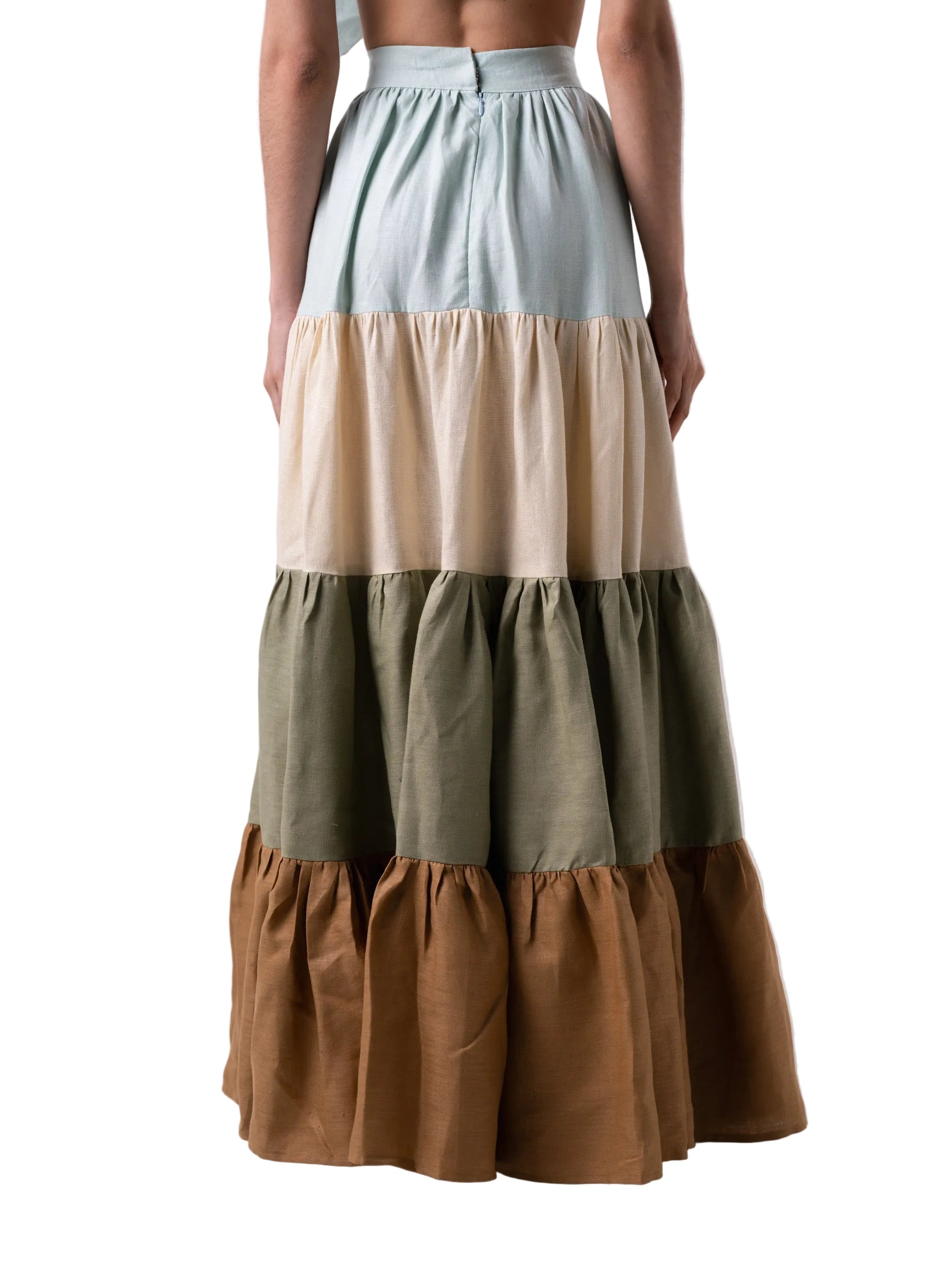 Skirt with a floor length four-tier gathered panel.