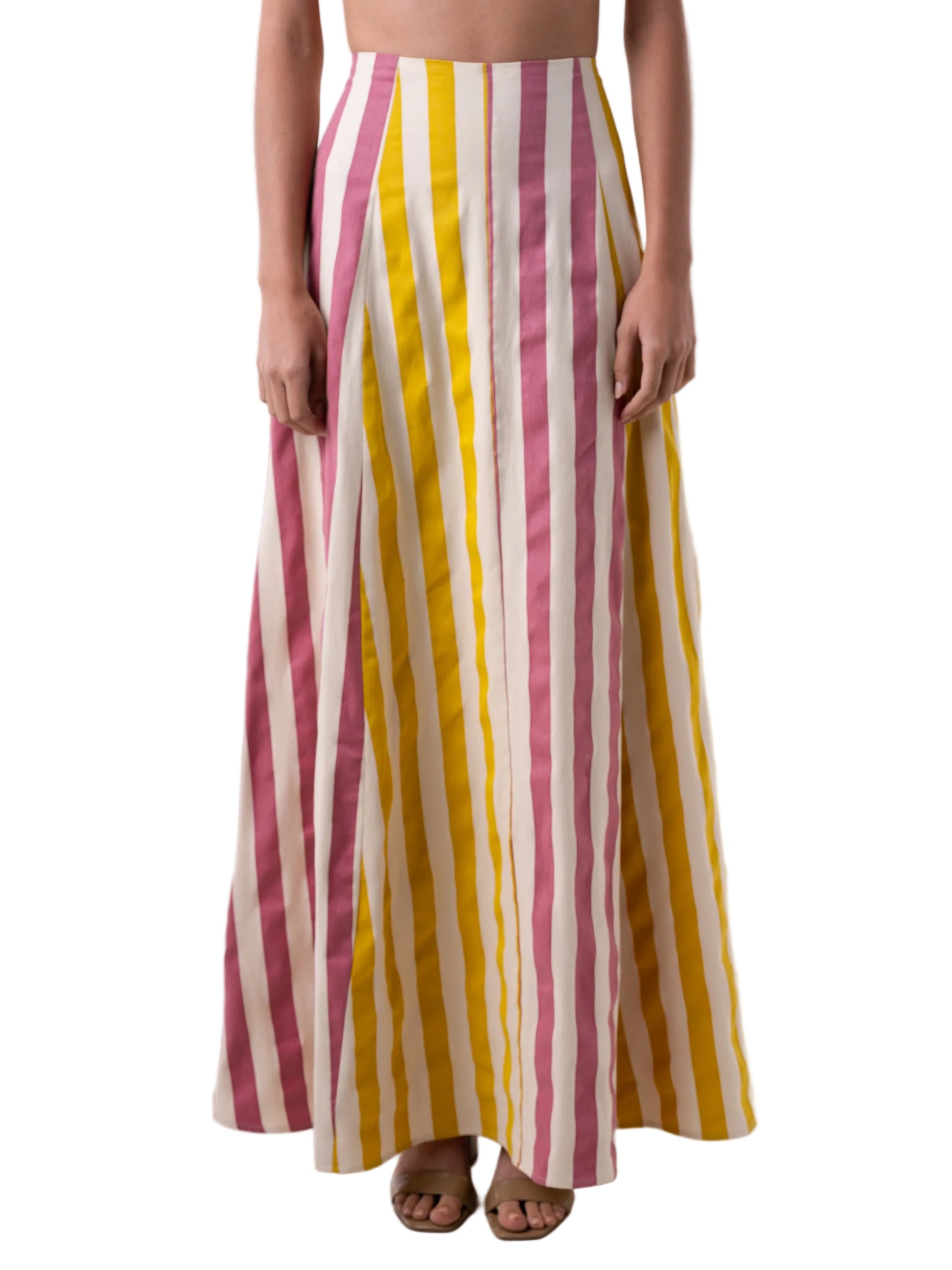 Skirt that features a high waisted ankle length A line skirt with color blocking panels.