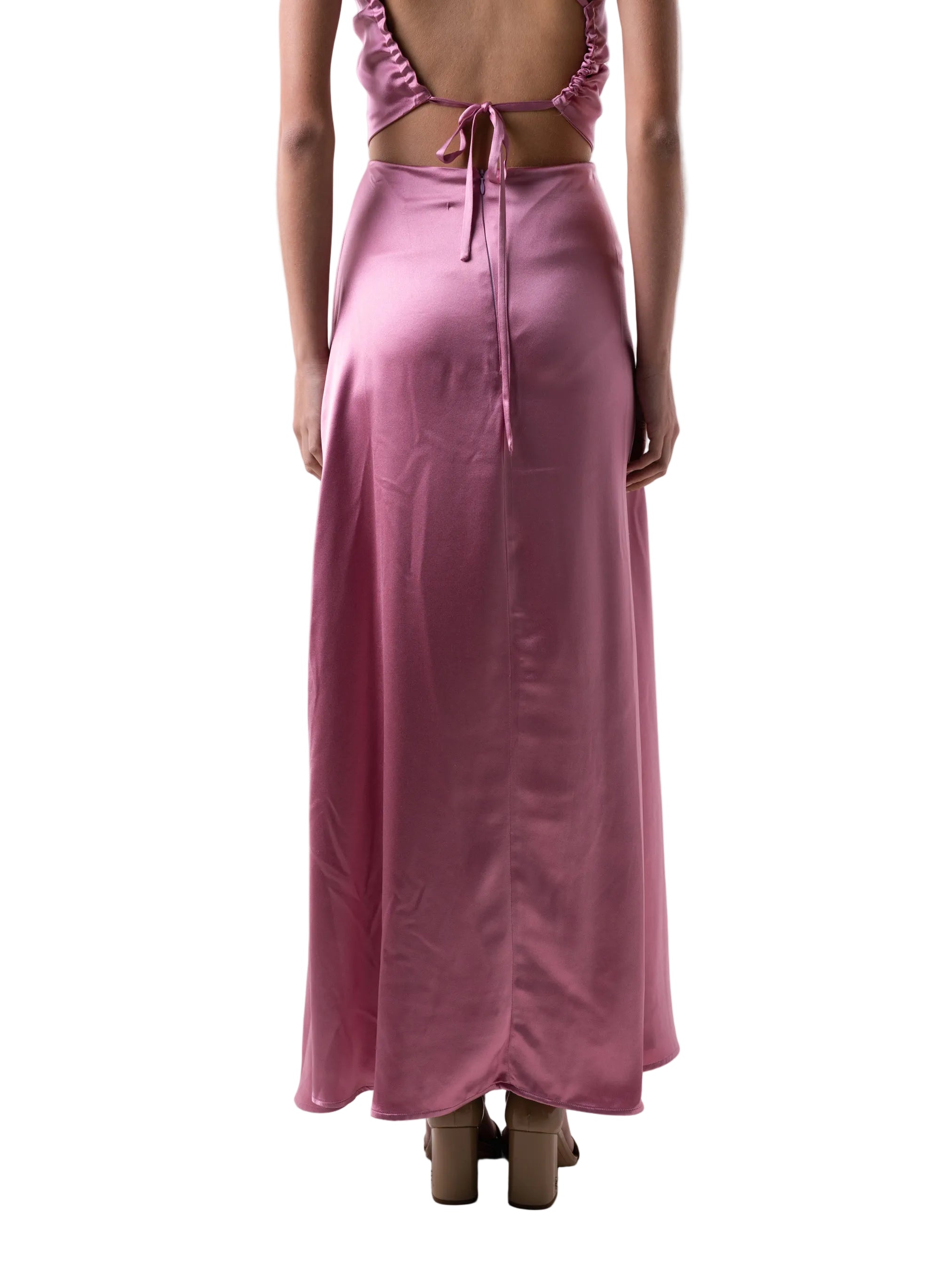 Skirt that features a high waisted A-Line silhouette with front gather and fabric flower detail.