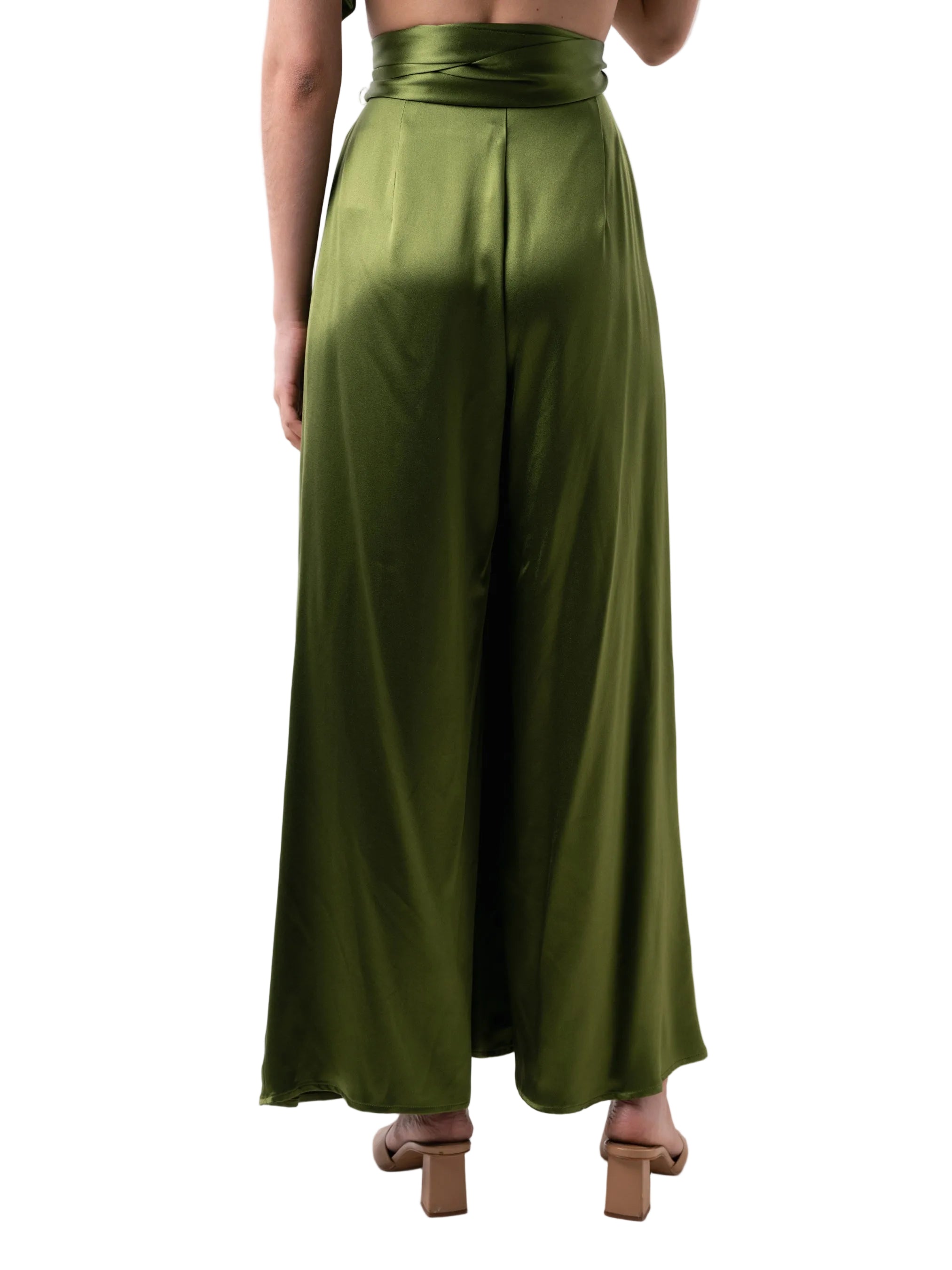Pant that features a wrap around palazzo silhouette with petal knot detail at the waistband.