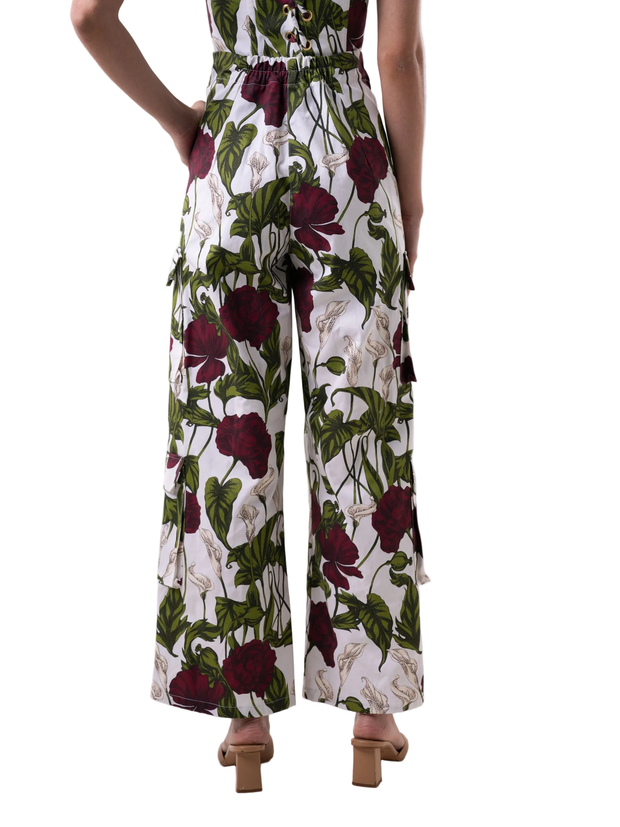Pant with a high-waisted cargo style, front zipper, and oversized pockets down the leg.