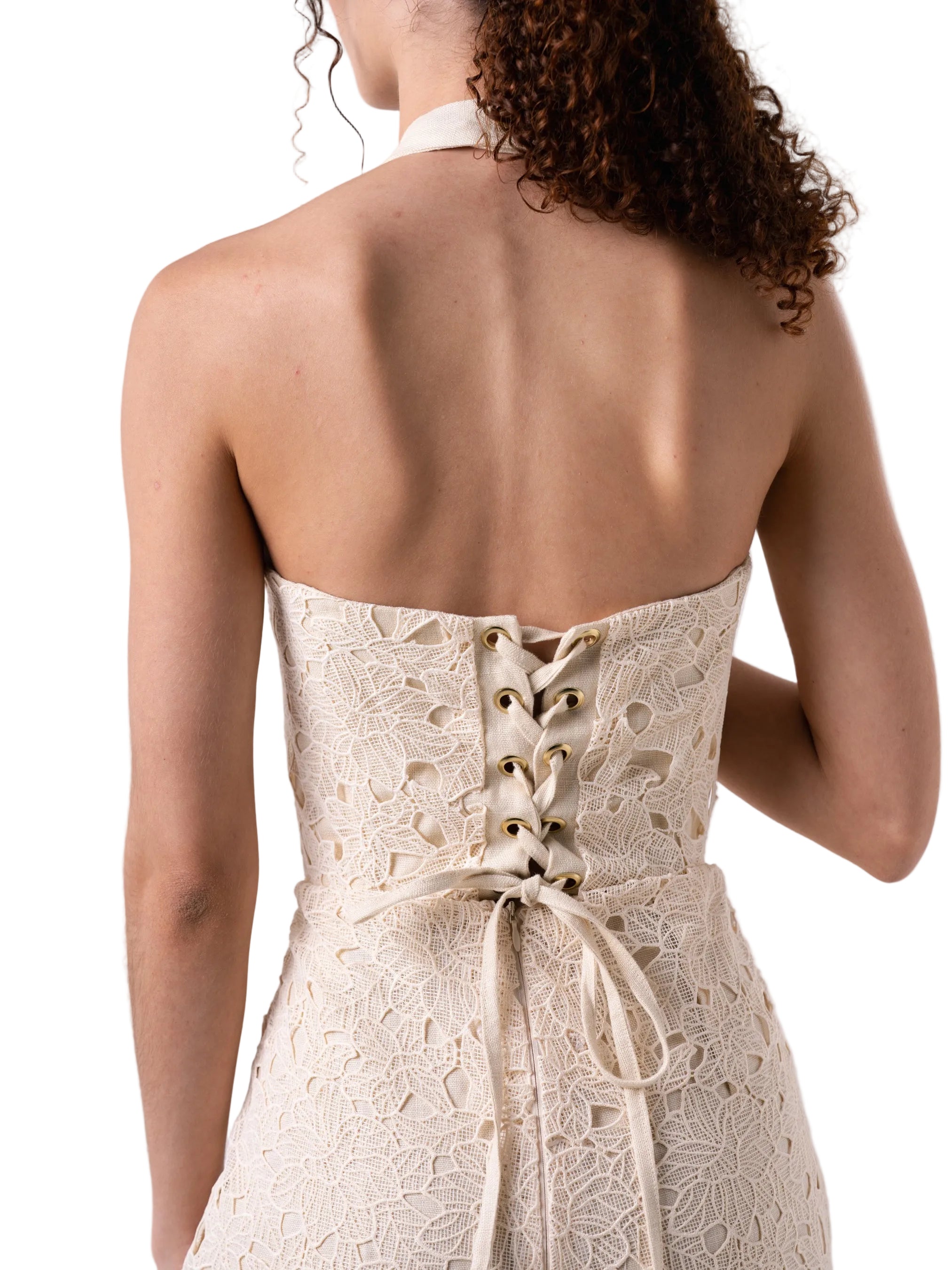 Bustier with adjustable straps and back tie, bra cups, underwire and boning.