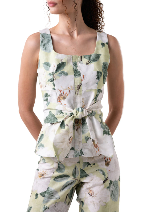 Top that features a sleeveless square neck, fitted silhouette with front hidden placket closure.