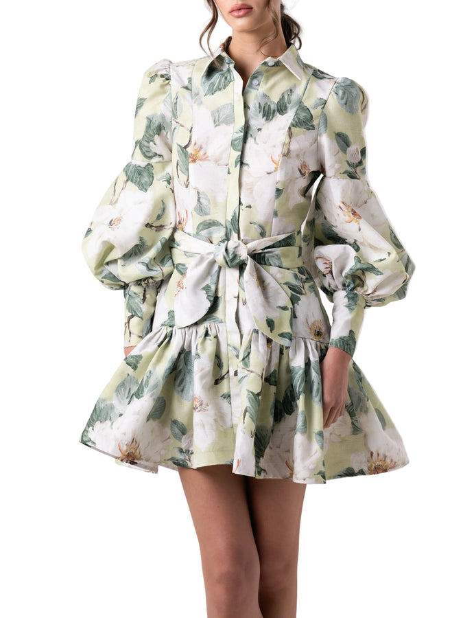 Dress that features a long puff sleeve, open collar, button down dress with circular gathered skirt. 