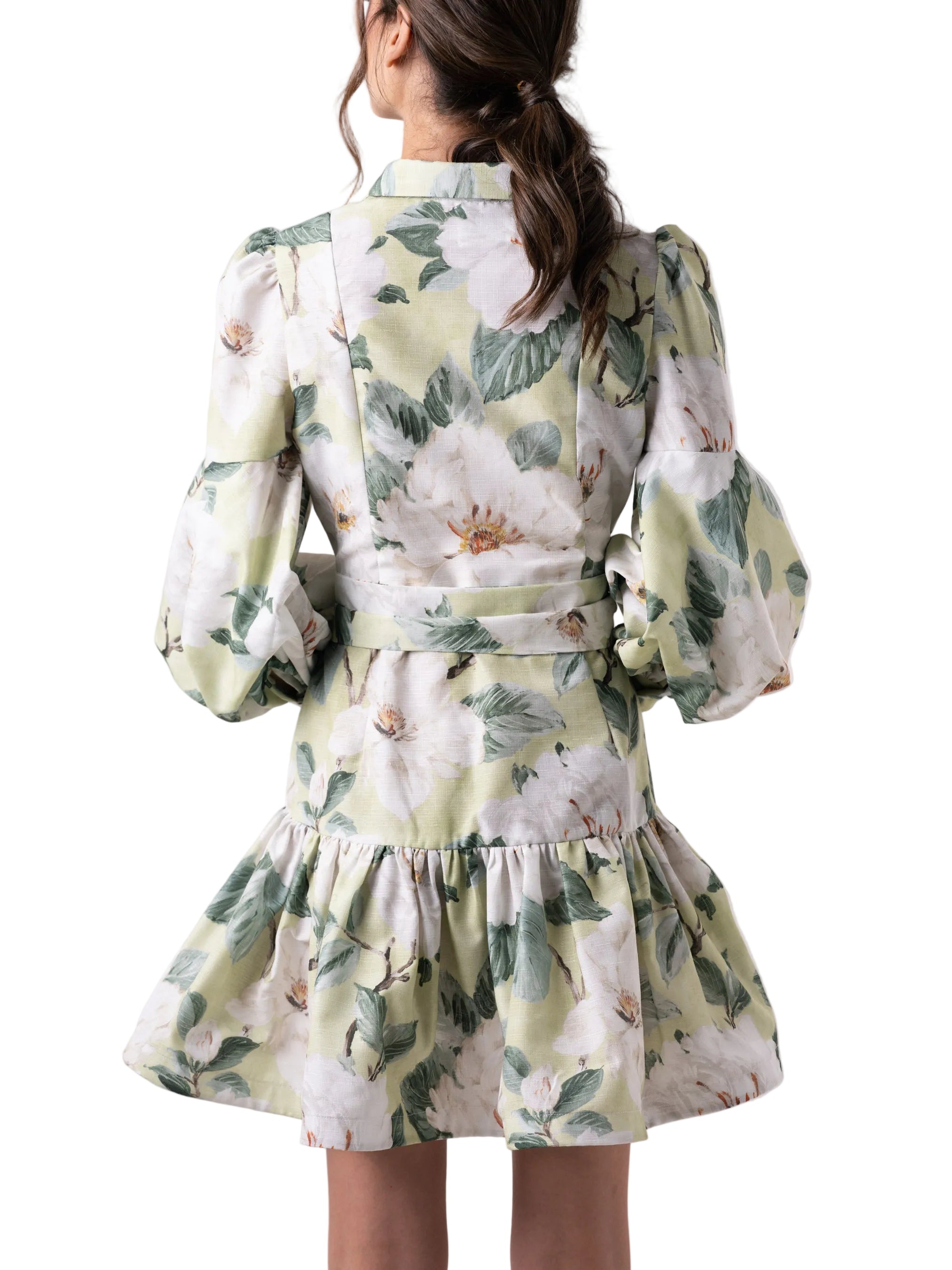 Dress that features a long puff sleeve, open collar, button down dress with circular gathered skirt. 