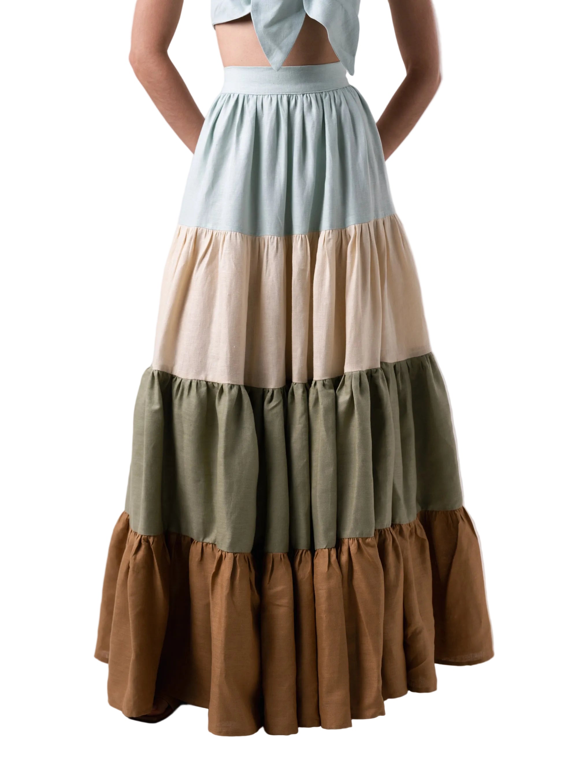 Skirt with a floor length four-tier gathered panel.