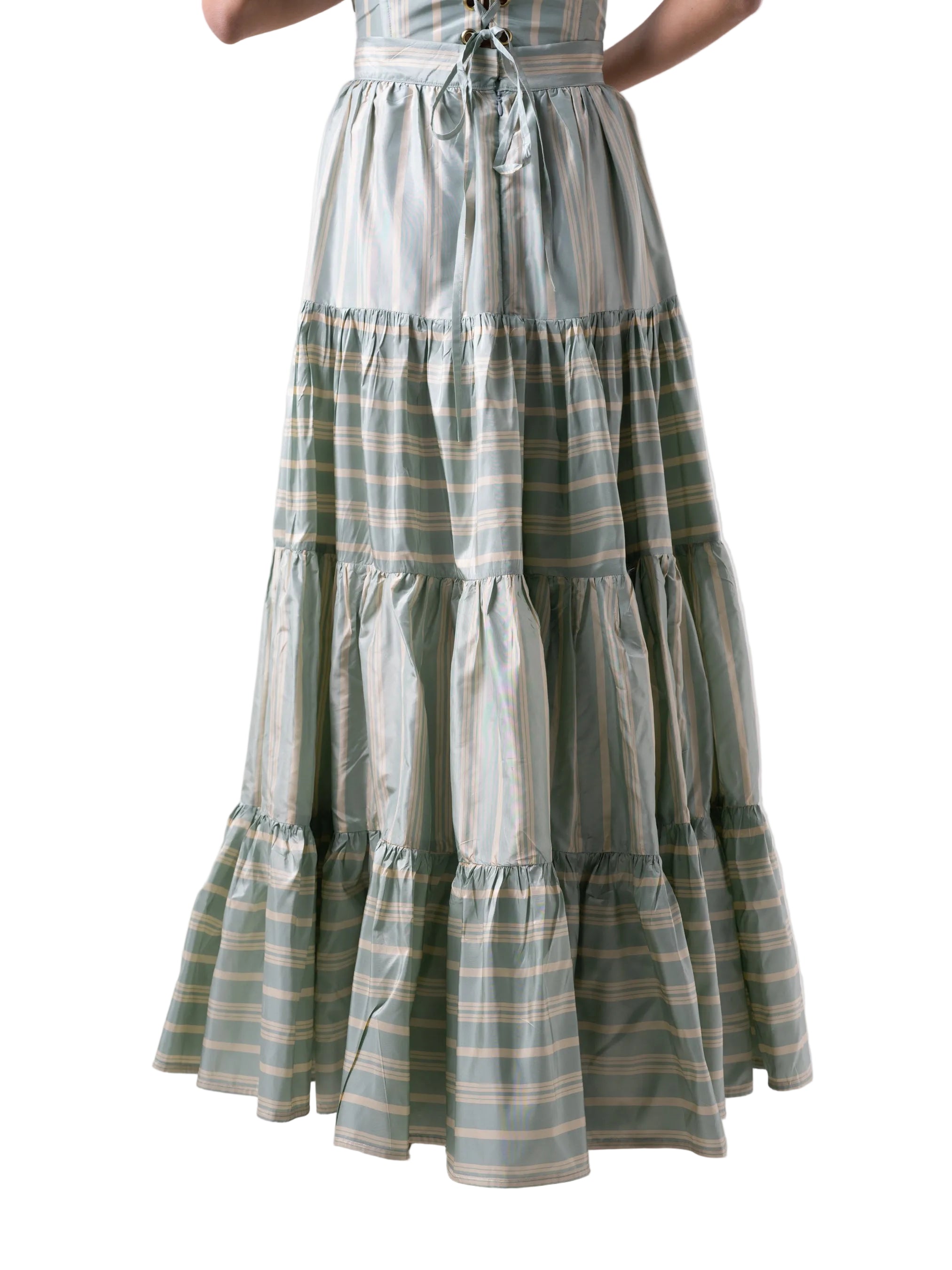 Skirt with a floor length four-tier gathered panel.