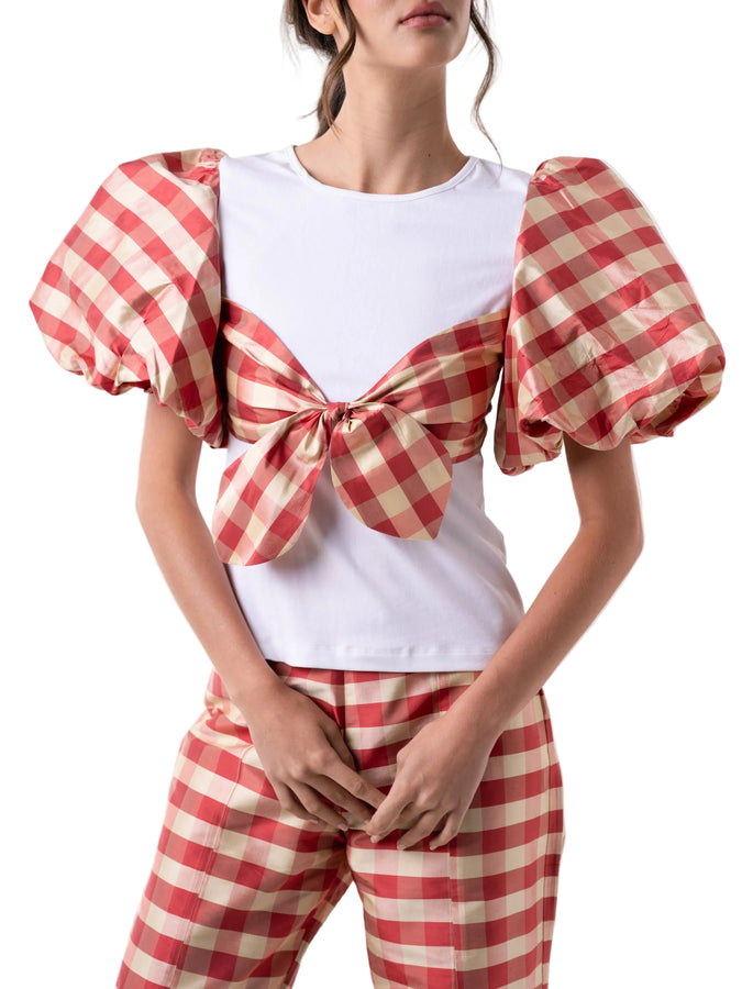 Classic fitted T-Shirt with contrasting color puffed short sleeves in tier drop shape and overlay bralette with tie front detail.