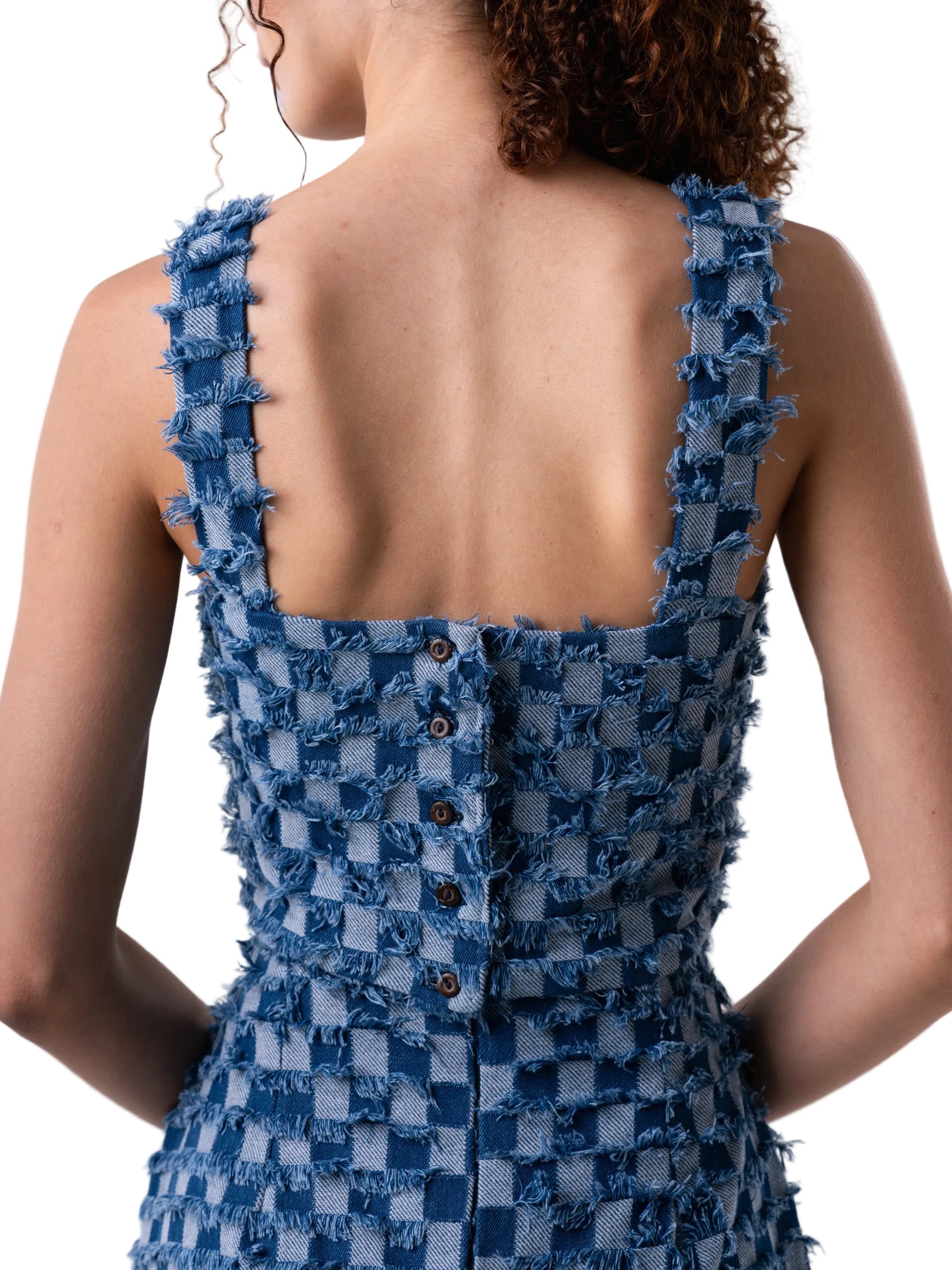 Fitted tube like top with straps, back button closure.