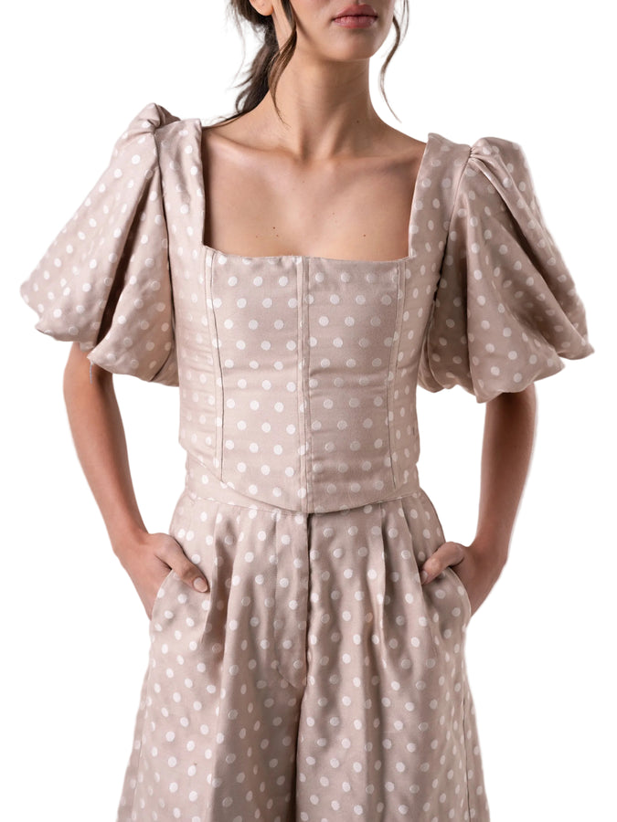 Top that features a fully boned dropped waist corset style silhouette, with back lace up closure and puff sleeves.