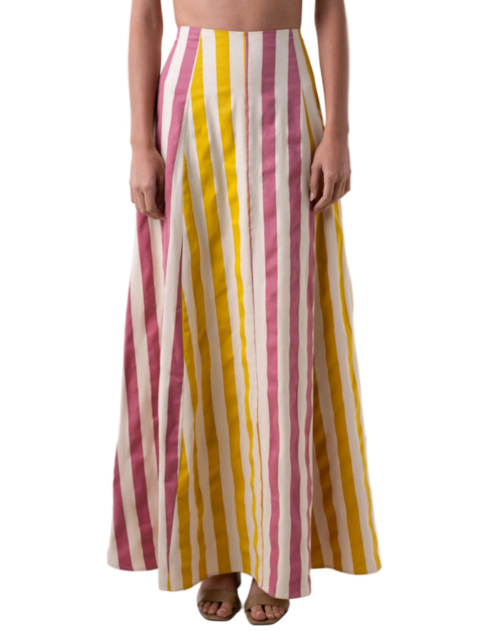 Skirt that features a high waisted ankle length A line skirt with color blocking panels.