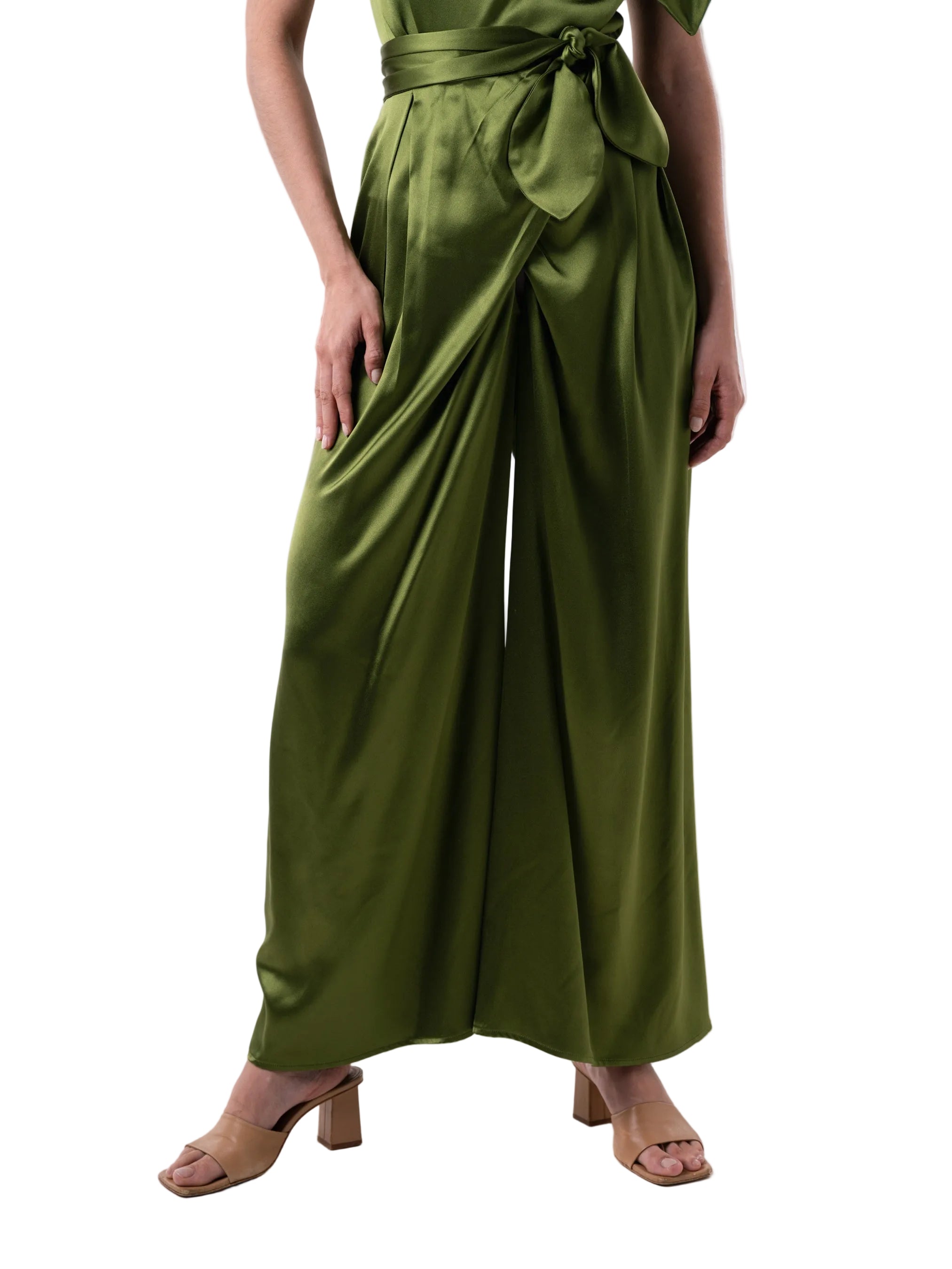 Pant that features a wrap around palazzo silhouette with petal knot detail at the waistband.
