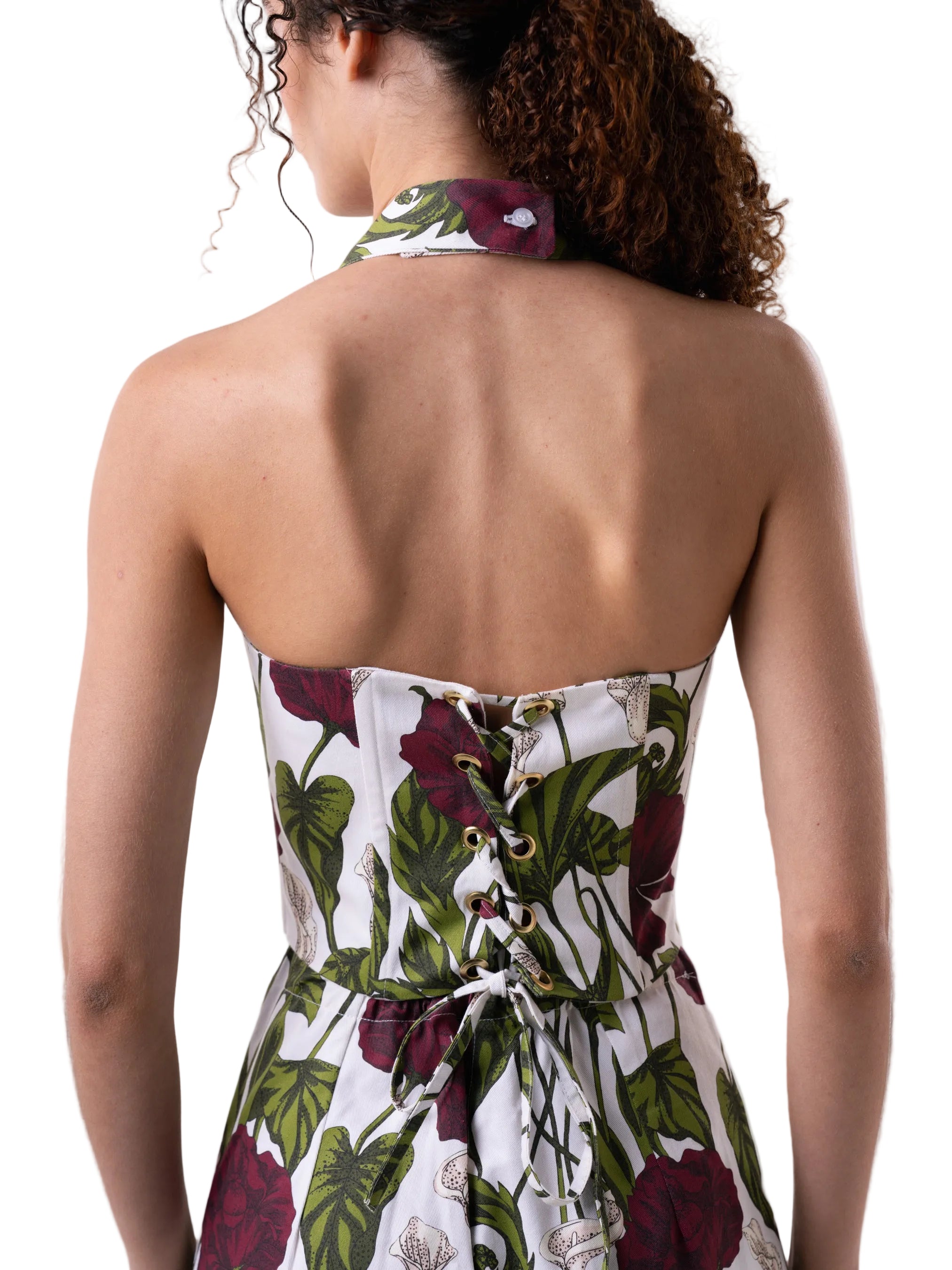 Bustier that features a fully boned bodice straps and lace up closure for adjustable fit.