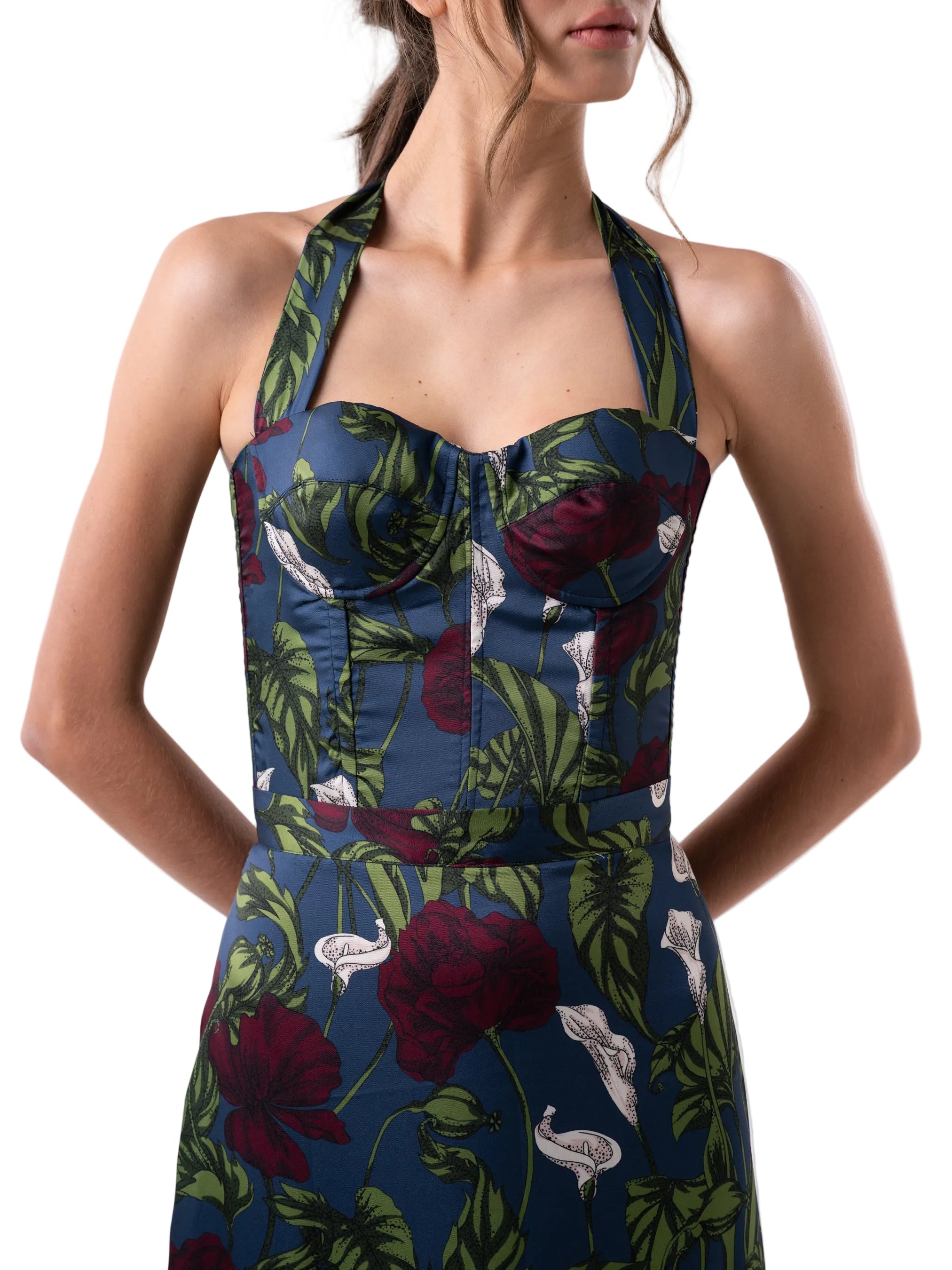 Bustier with adjustable straps and back lace up tie closure, bra cups, underwire and boning.