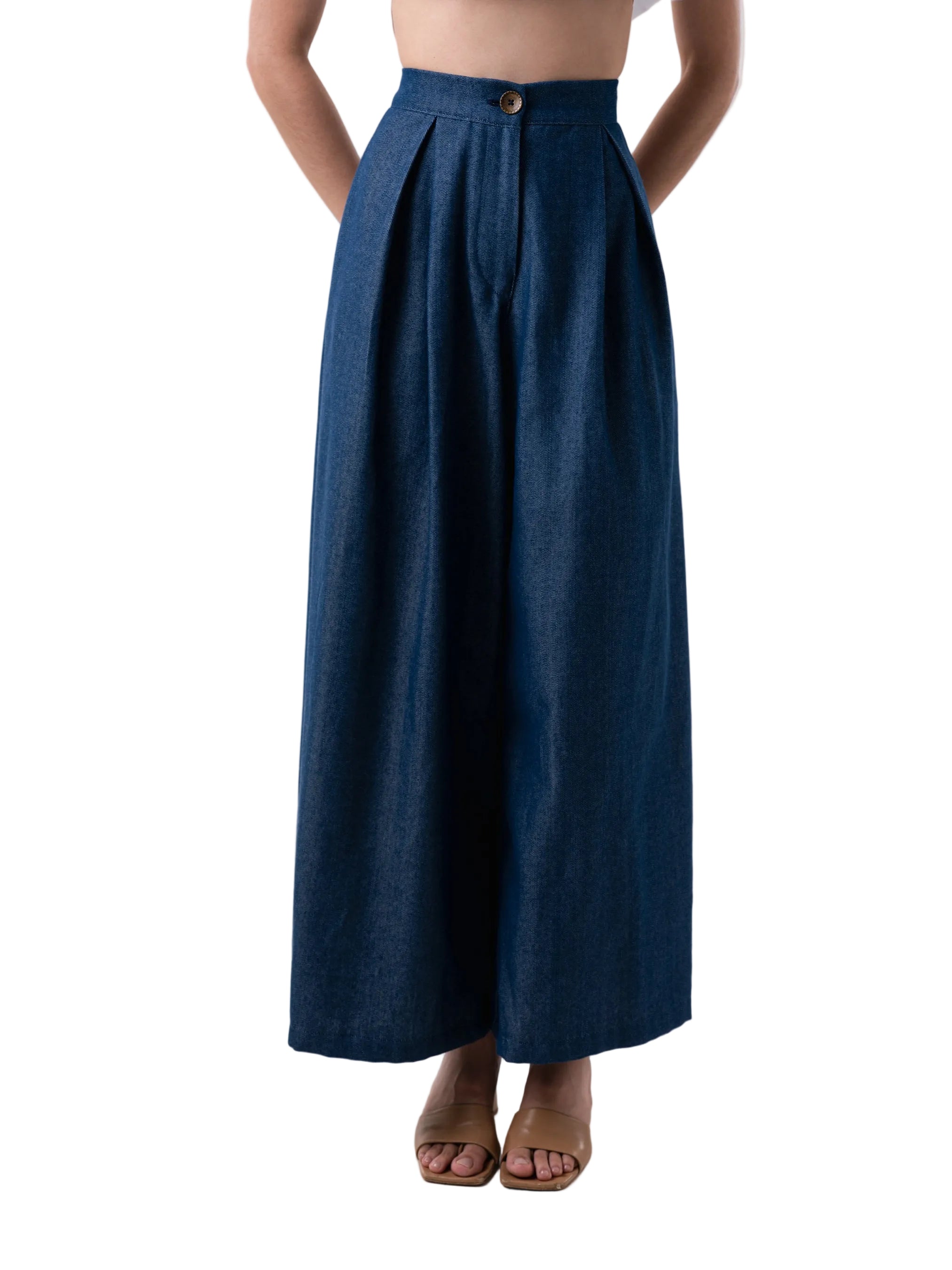 Navy palazzo silhouette with front pleats and side pockets.