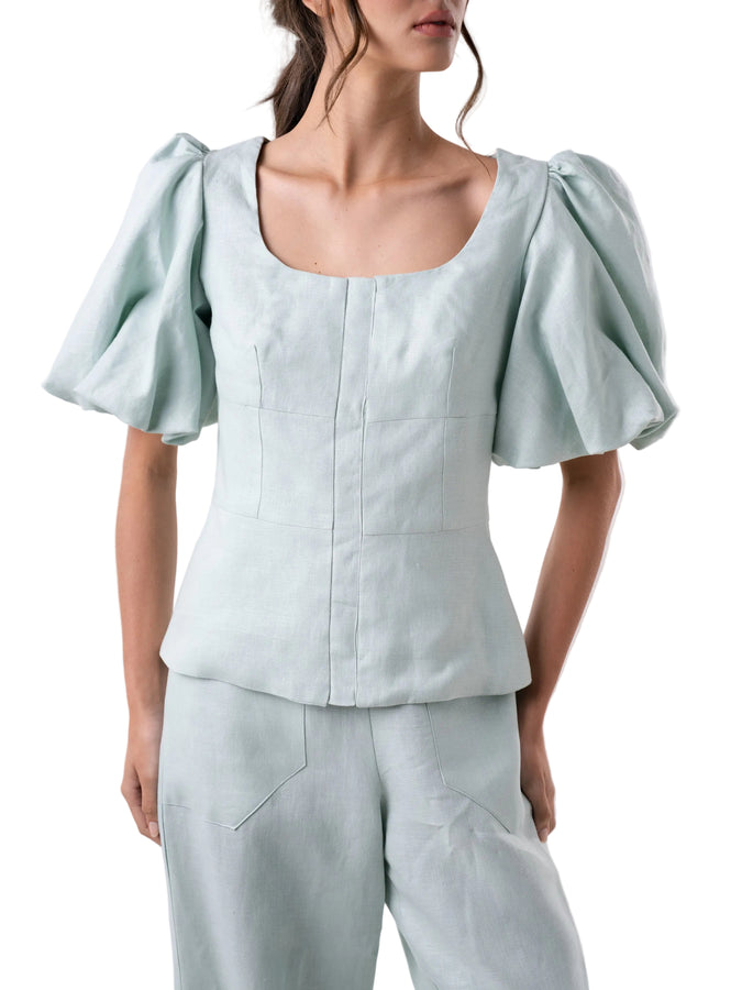 Top with a square neck and puff sleeves, fitted silhouette with front hidden placket closure.