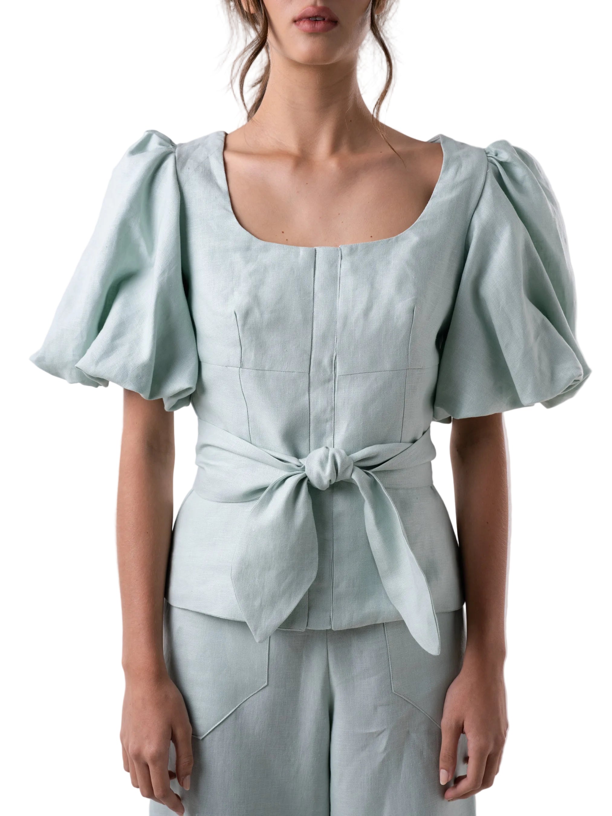 Top with a square neck and puff sleeves, fitted silhouette with front hidden placket closure.