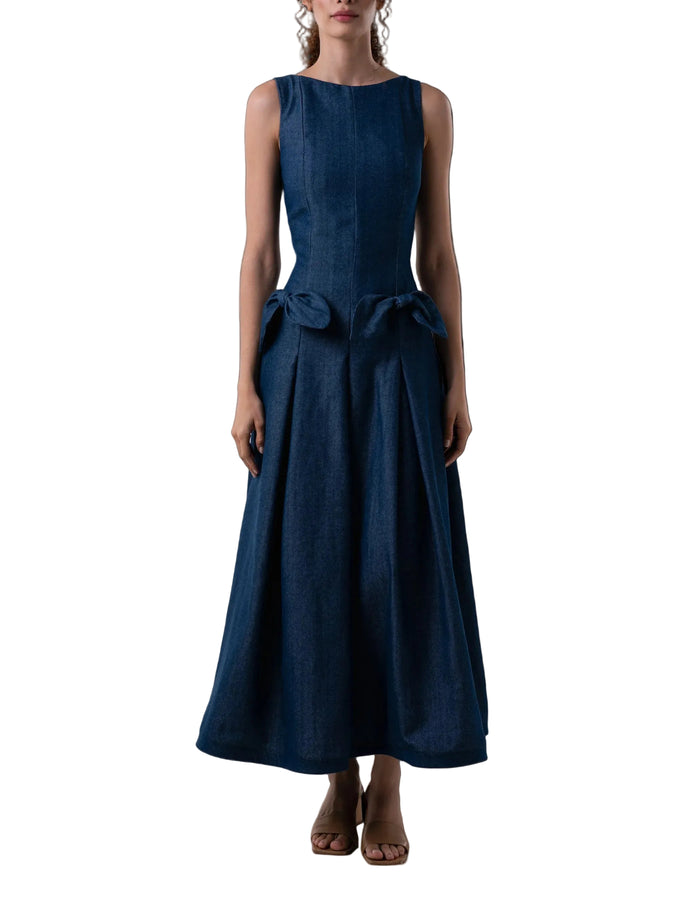 Ankle length, sleeveless, fit and flare dress with inverted pleats, petal knot detail and back zipper closure.