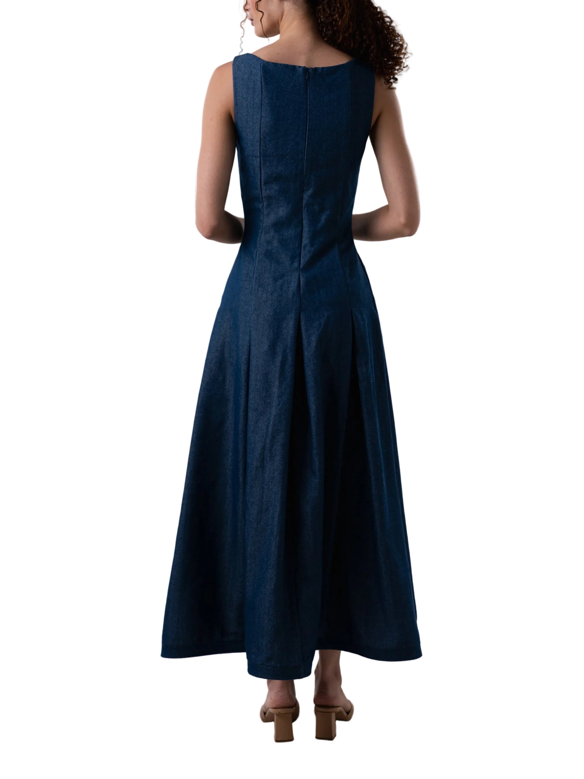 Ankle length, sleeveless, fit and flare dress with inverted pleats, petal knot detail and back zipper closure.