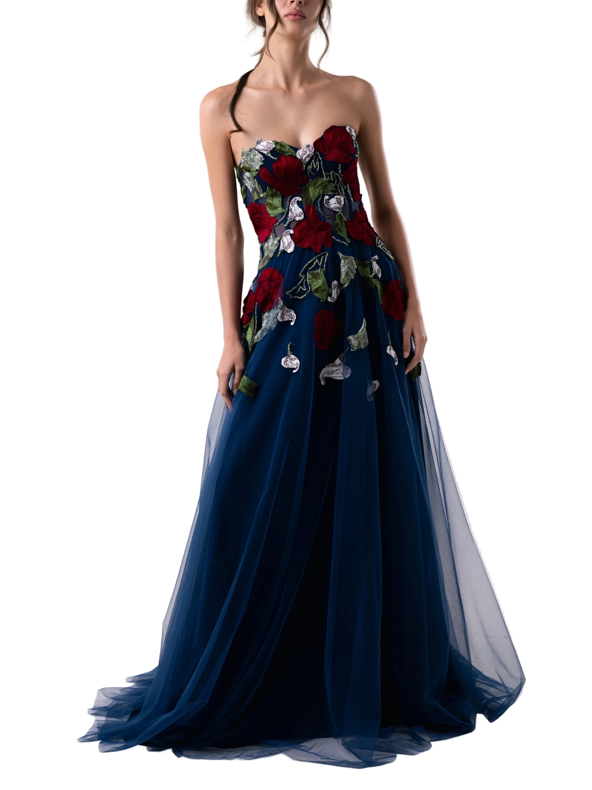 Gown that features a strapless floor length embroidered bodice and circular skirt.