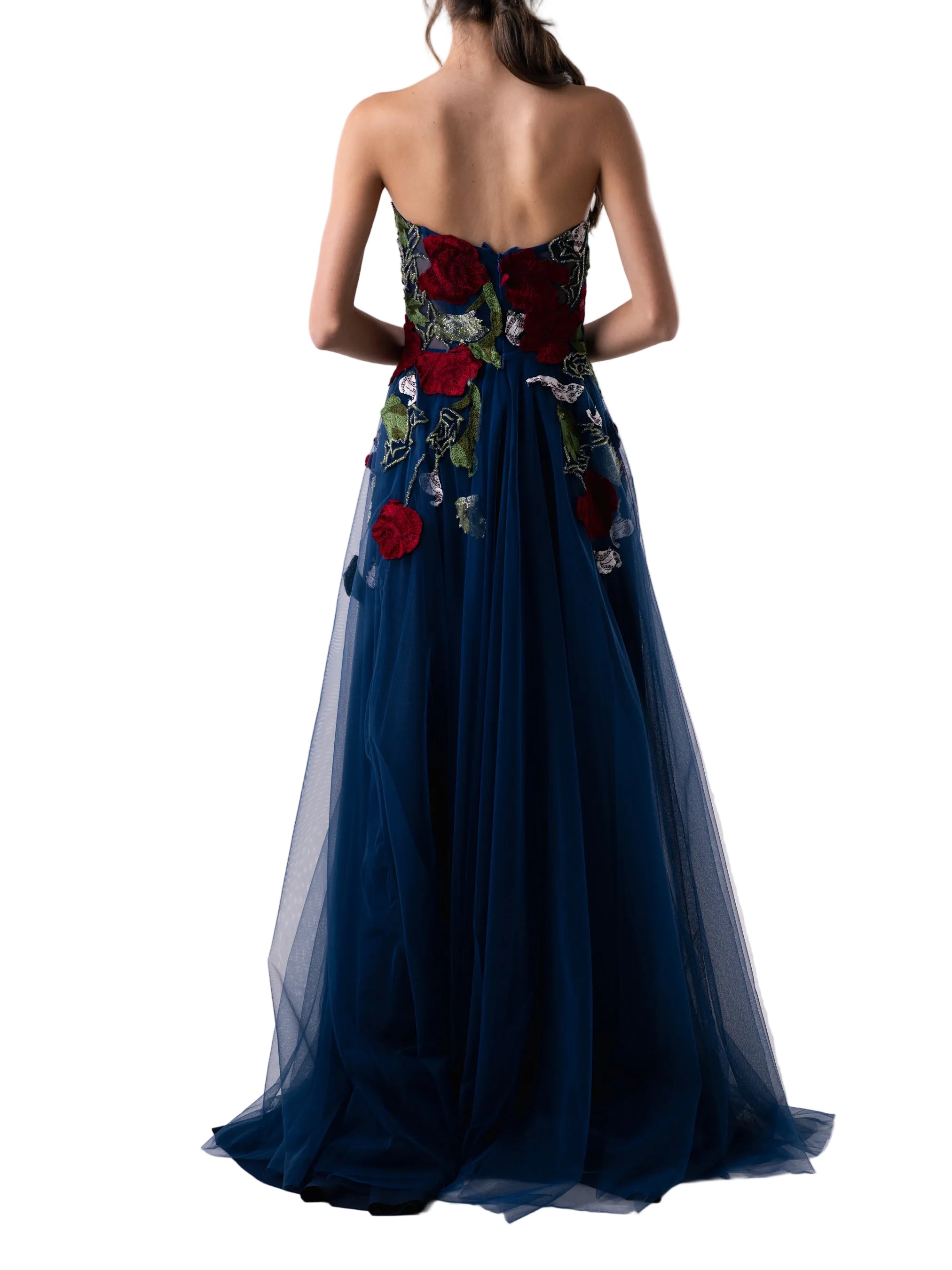 Gown that features a strapless floor length embroidered bodice and circular skirt.