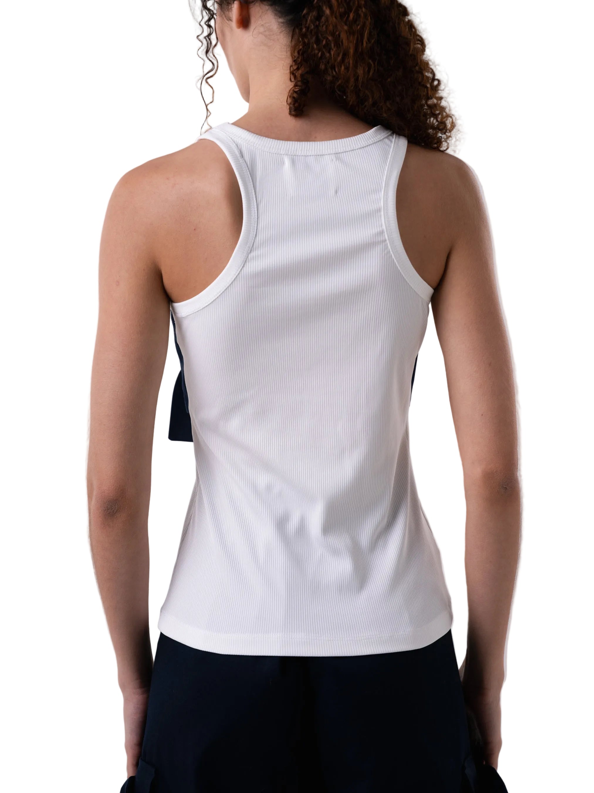 Tank features a classic fitted round neck silhouette with oversized knot detail at the chest.